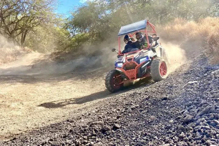 a person riding on the back of a truck driving down a dirt road