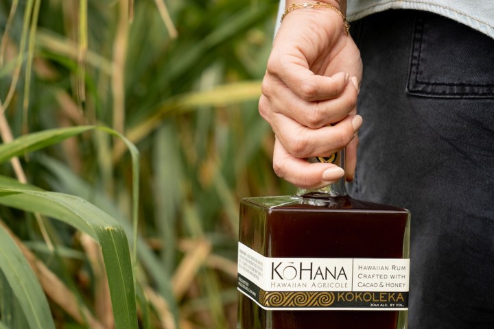 Person holding a square bottle of Hawaiian rum in a field of tall grass.