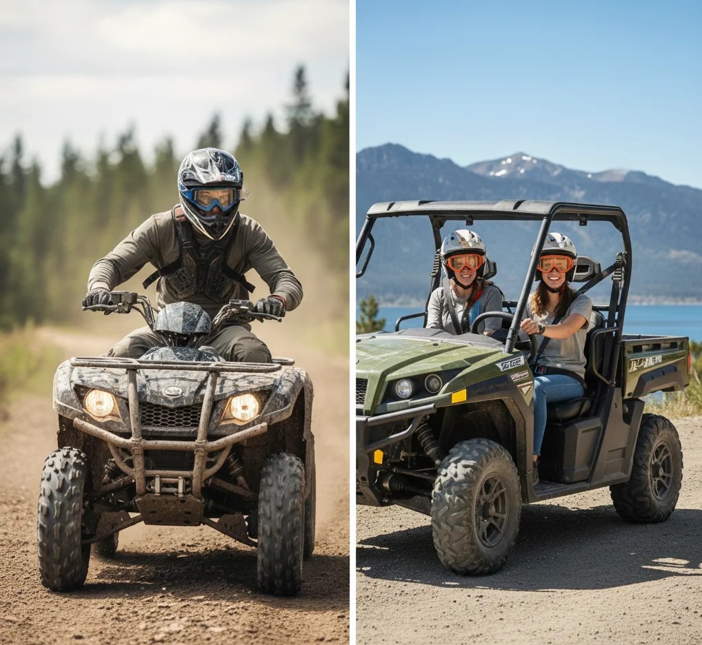 Two images: left, person on ATV; right, two people on a side-by-side vehicle, outdoors.