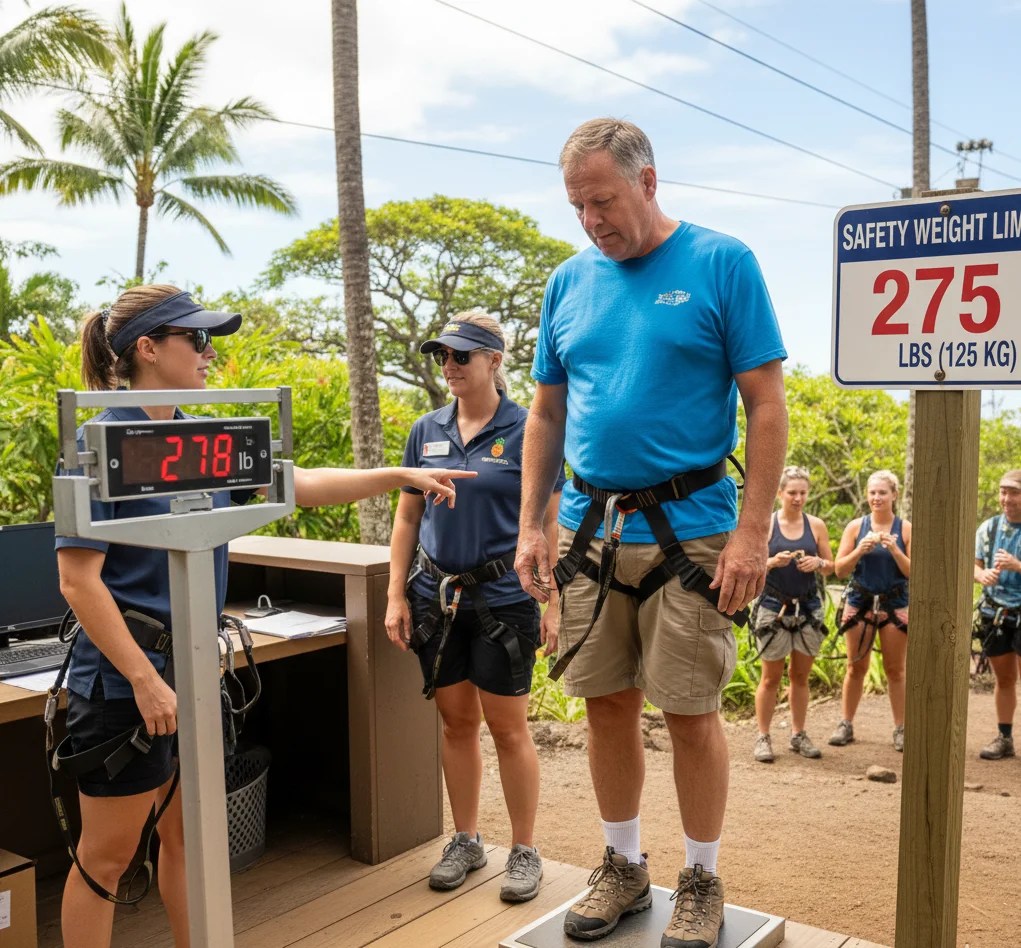 Person in harness on a scale, monitored by staff, exceeding weight limit of 275 lbs.