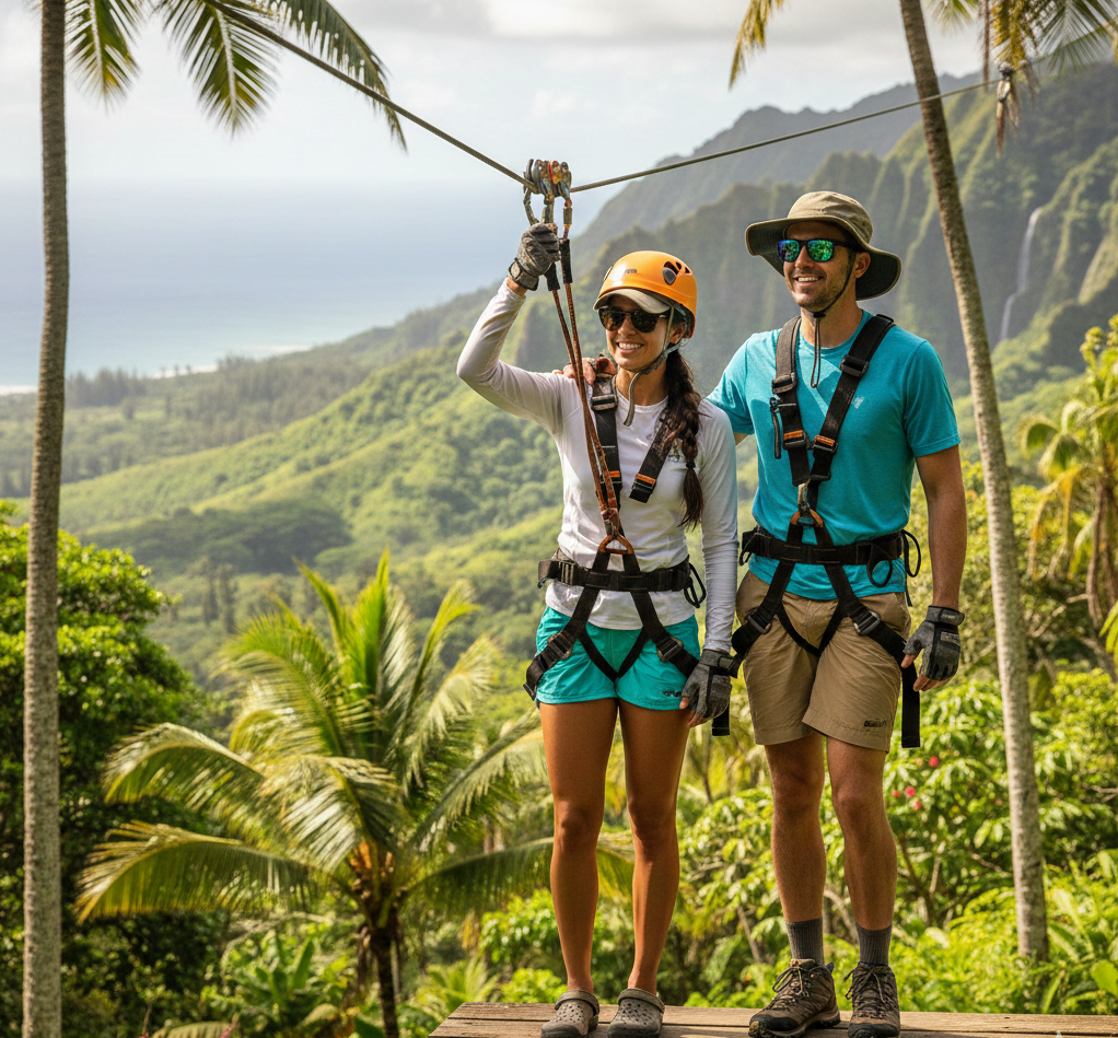 Two people in ziplining gear stand on a platform overlooking tropical scenery.