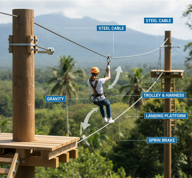Person ziplining with helmet, harness, and labeled components like steel cable and landing platform.