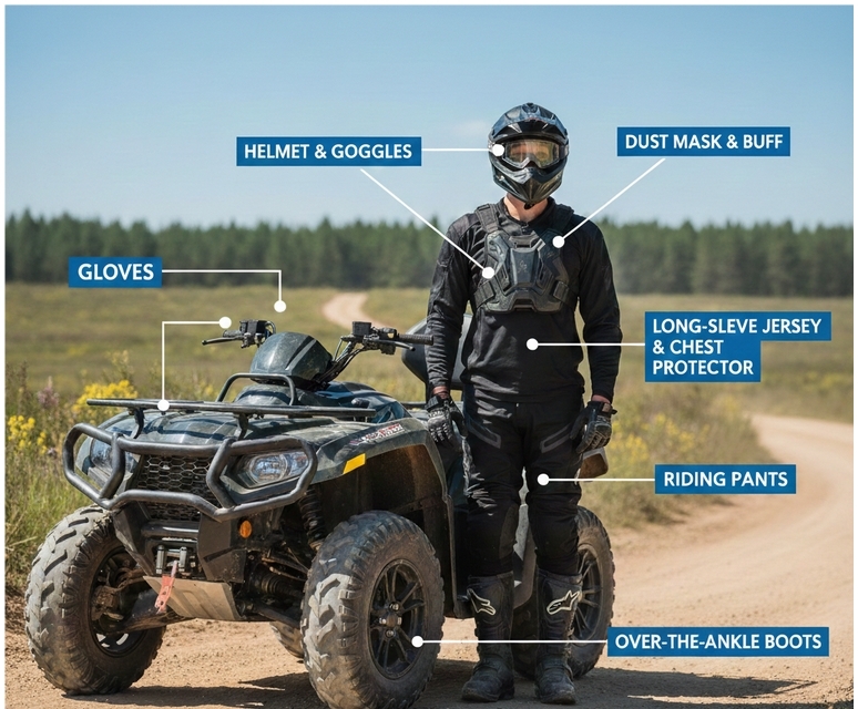 Person in ATV gear with labels: helmet, goggles, dust mask, gloves, chest protector, riding pants, boots.