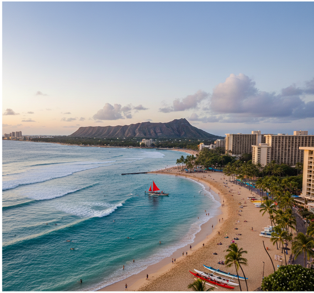 Aerial view of a beach with a red sailboat, hotels, and a mountain in the background.