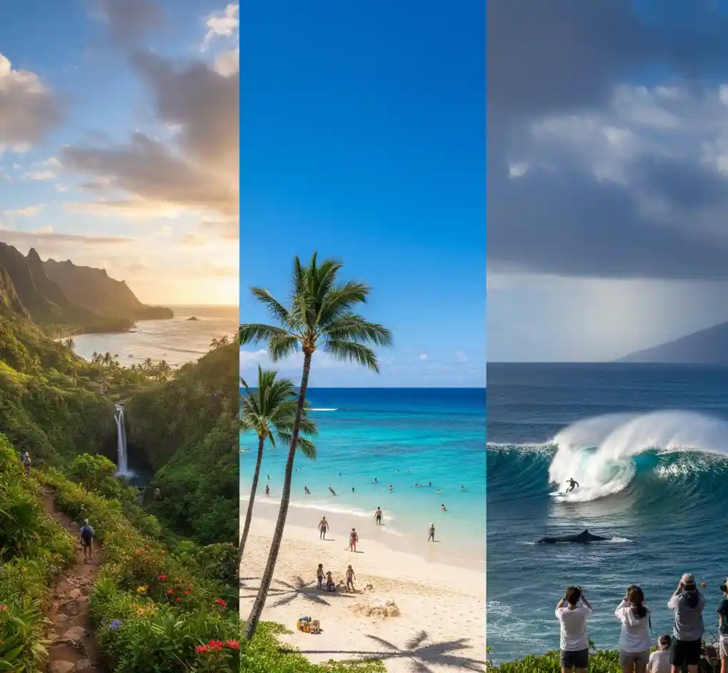 Three-panel image: lush waterfall, beach scene, and surfers on big waves with spectators.
