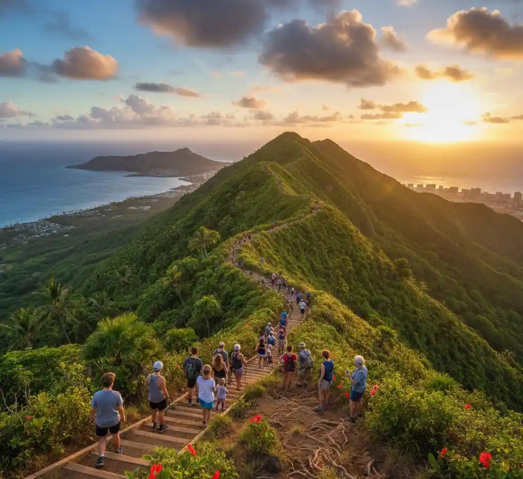 Hikers descend a lush mountain trail with ocean views at sunset.