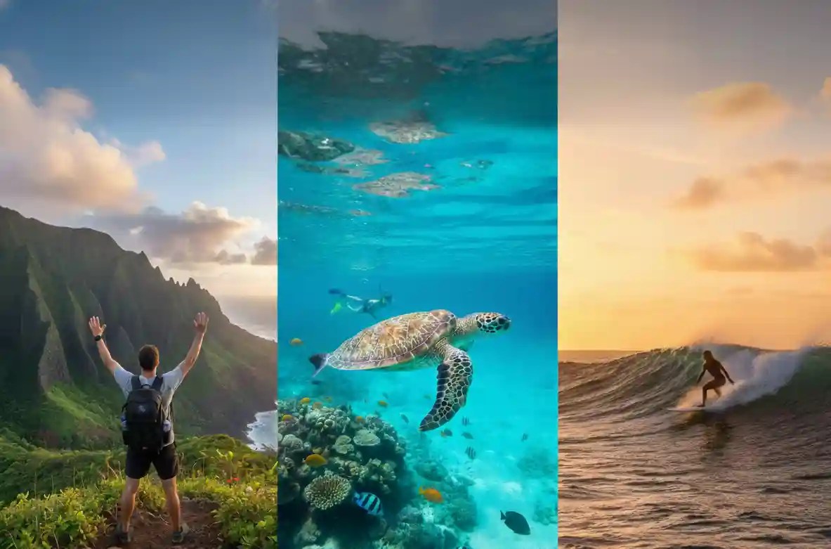 Triptych: hiker on mountain, sea turtle underwater, surfer at sunset.
