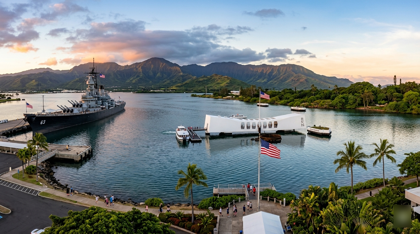 Aerial view of ship and memorial building on water with mountains and sunset sky.