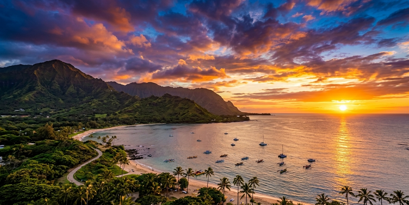 Sunset over a tropical bay with boats and mountains in the background.