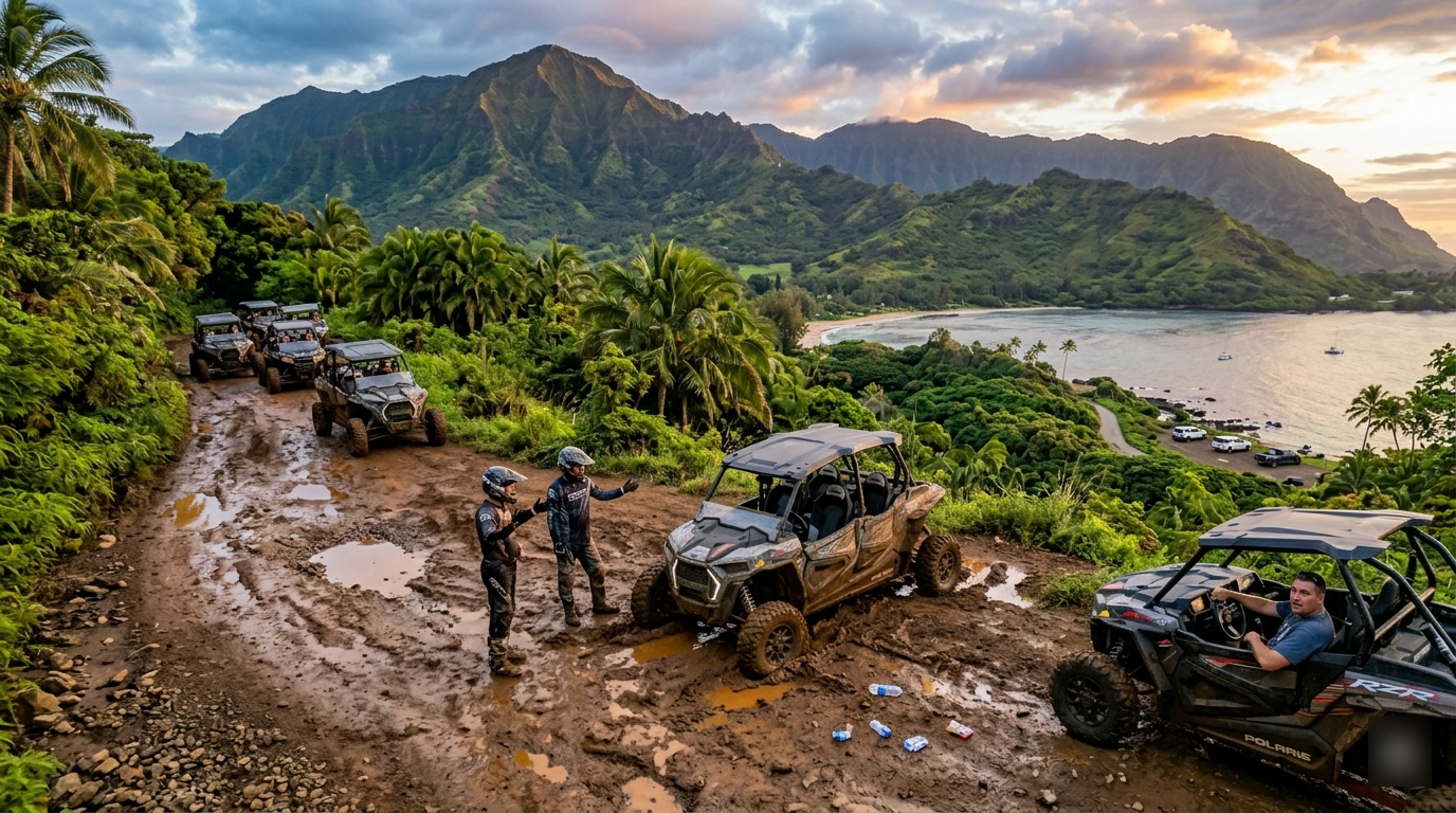 Off-road vehicles driving on a muddy trail with a scenic mountain and bay view.