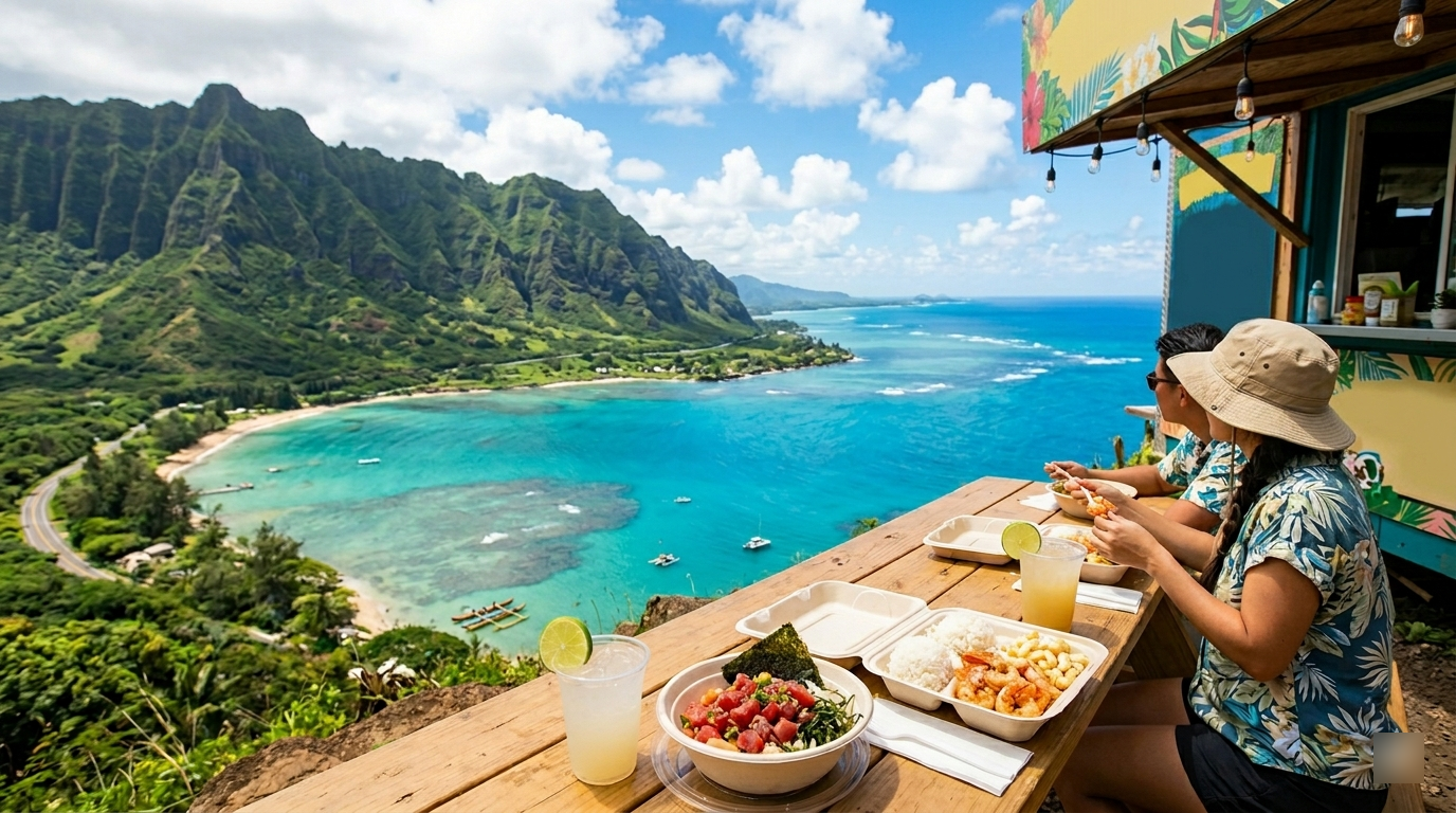 Two people at a seaside cafe with a scenic view of a bay and mountains, dining on tropical food.
