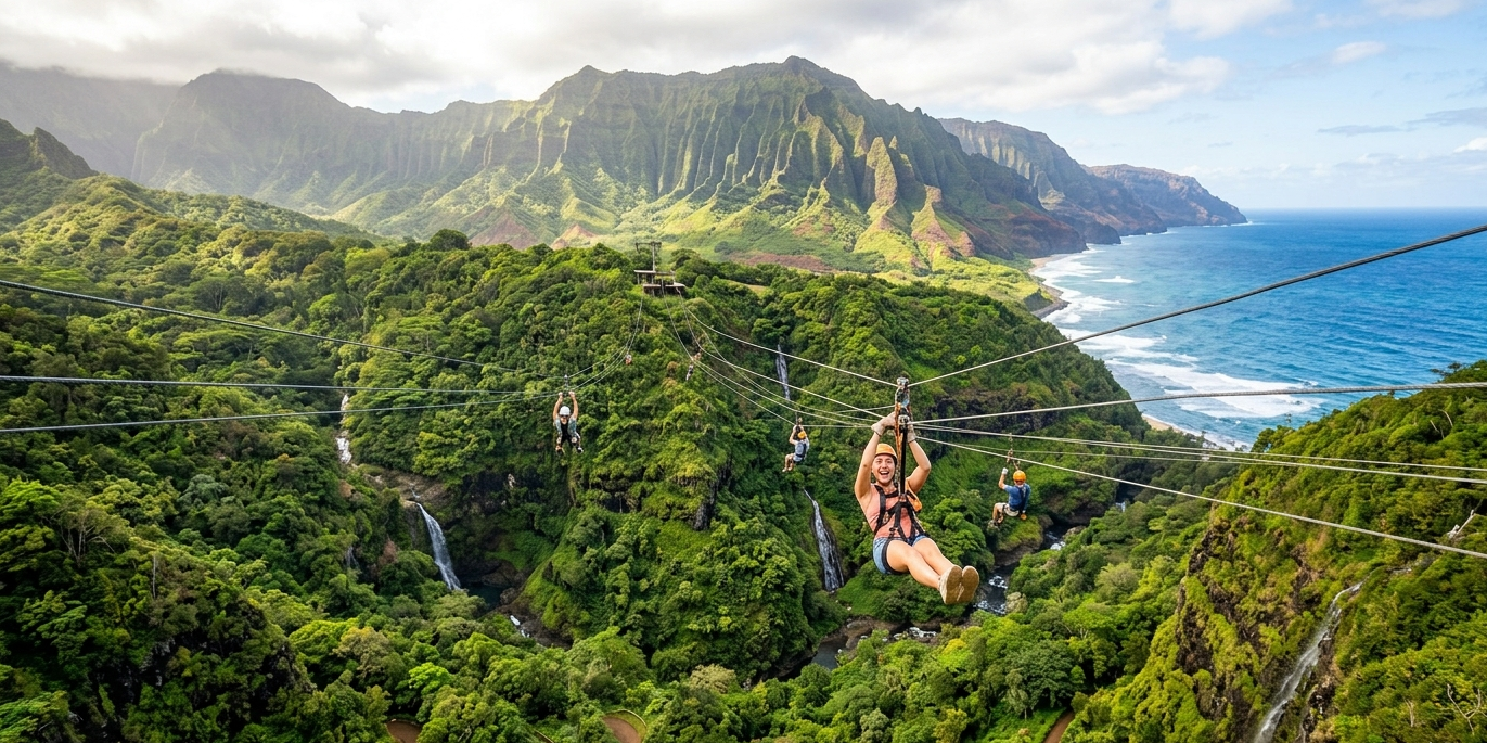 People zip-lining over lush green mountains with waterfalls and ocean view.
