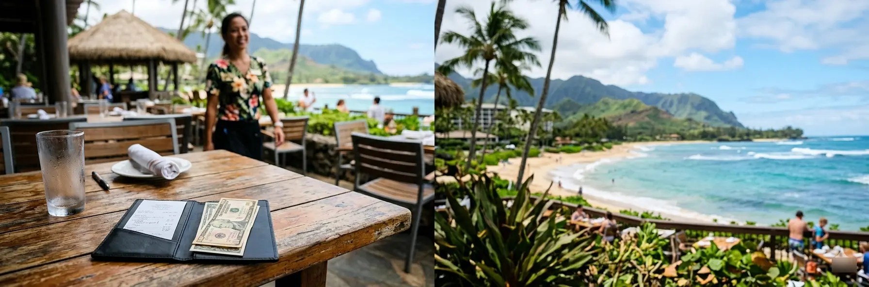 Seaside restaurant with view of ocean, mountains, and palm trees; bill with cash on table.