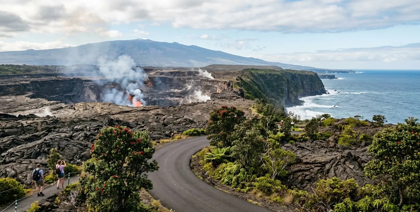Volcanic landscape with smoke, curving road, and ocean cliffs under a cloudy sky.