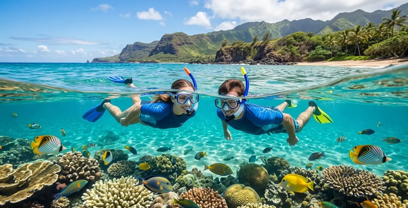 Two snorkelers swim over a vibrant coral reef with fish, mountains and palm trees in the background.