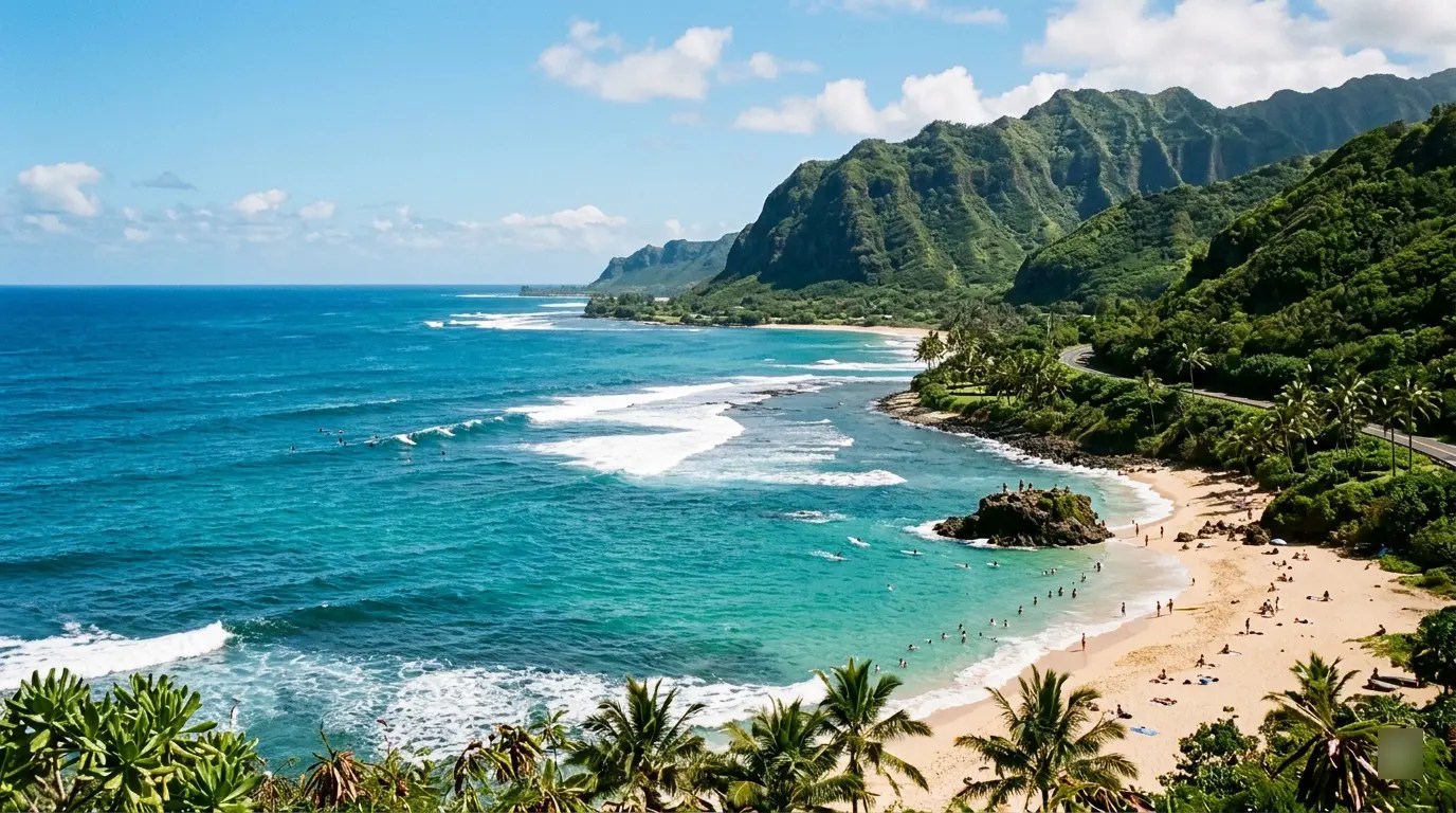 Scenic coastal view of a sandy beach with turquoise water and green mountains.