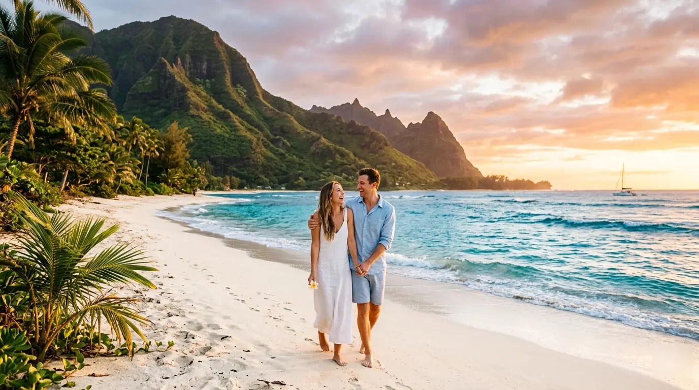 Couple walking on tropical beach at sunset with mountains and ocean in background.