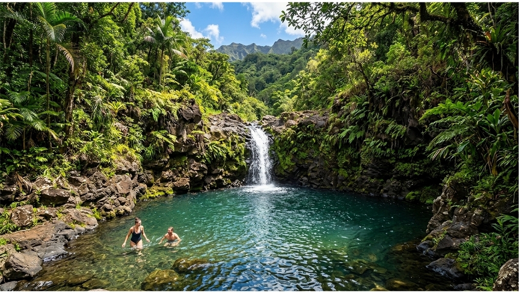 Two people swim near a waterfall in a lush, tropical forest.