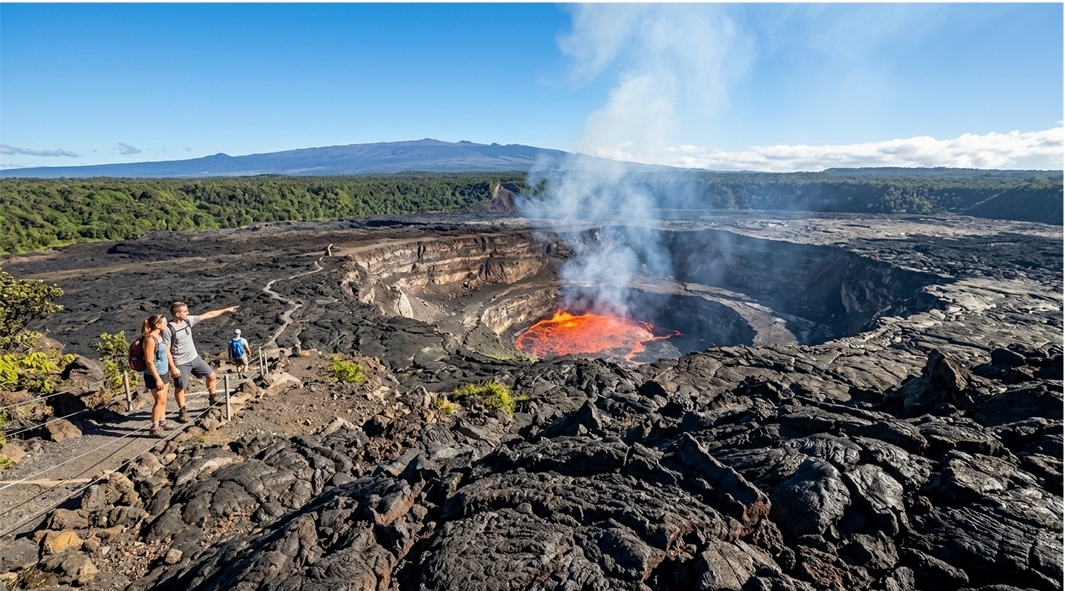Hikers observe an active volcanic crater with lava and smoke.