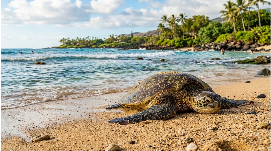 Sea turtle resting on a sandy beach with ocean and palm trees in the background.