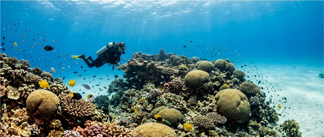 Scuba diver exploring vibrant coral reef underwater.