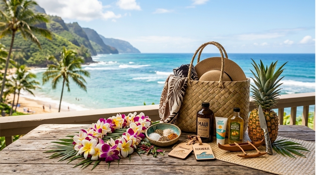 Tropical beach scene with flowers, bag, pineapple, and ocean view.