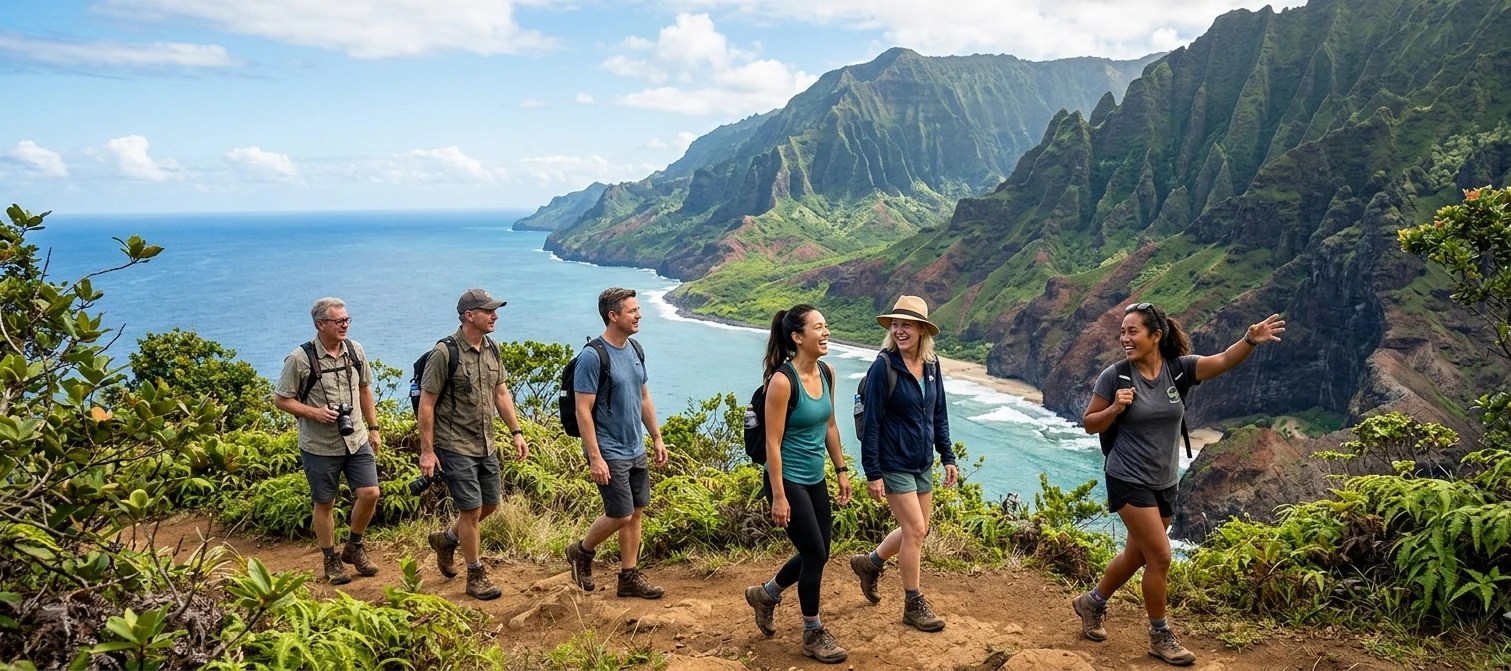Group hiking on trail with ocean and mountain view.