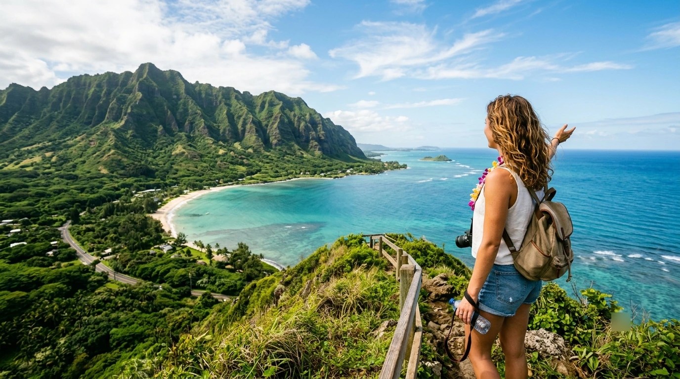 Woman with backpack overlooks scenic coastal mountains and ocean view.