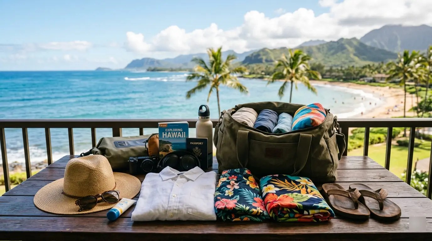 Vacation essentials on table with ocean and palm trees in background.