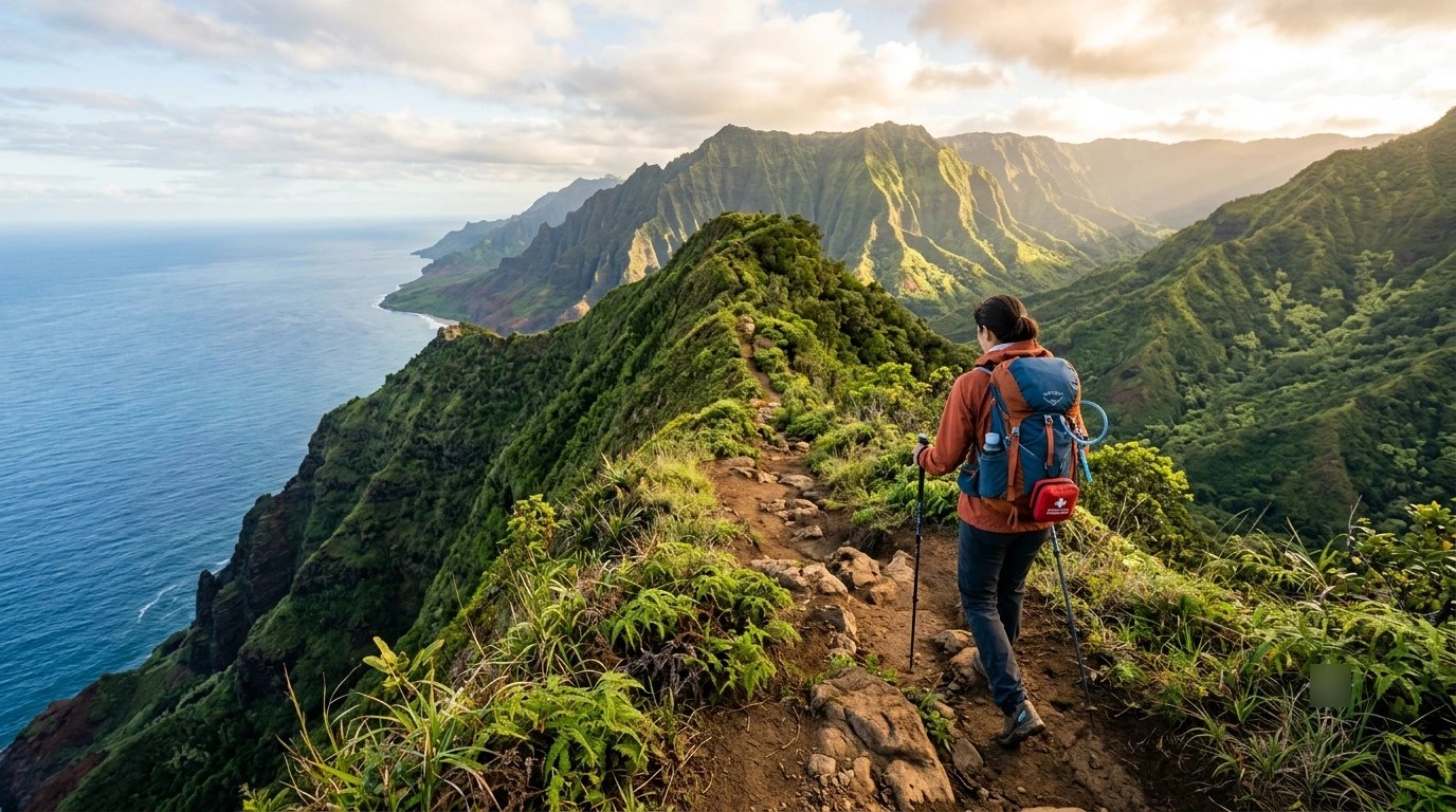 Person hiking on a mountain trail with ocean and cliffs in the background.