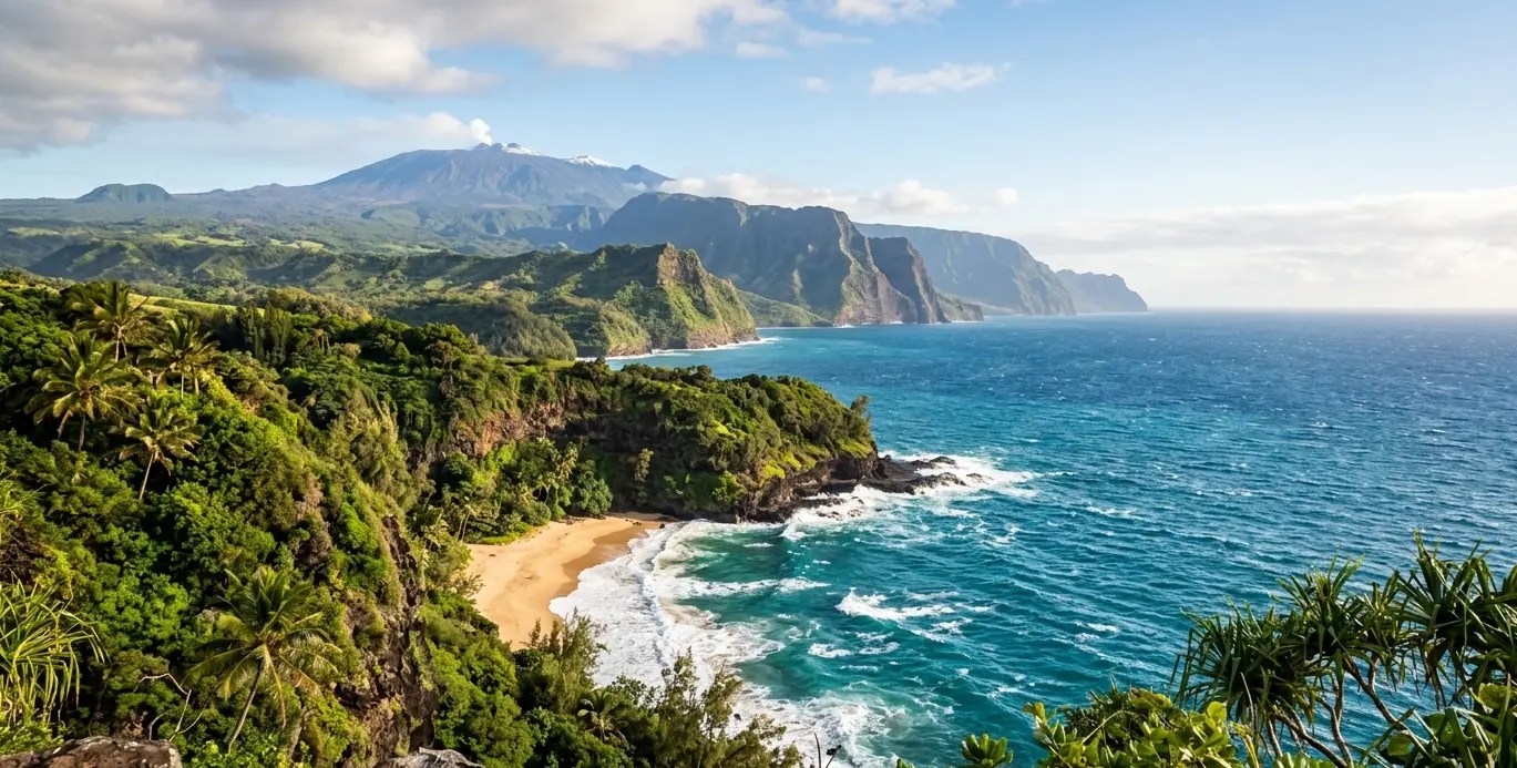 Lush green cliffs and blue ocean waves along a scenic coastline under a partly cloudy sky.