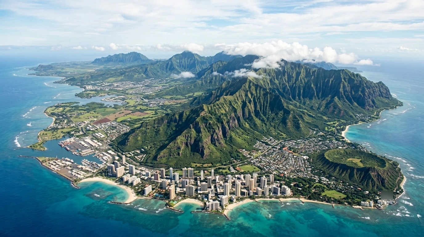 Aerial view of a coastal city with mountains and ocean.