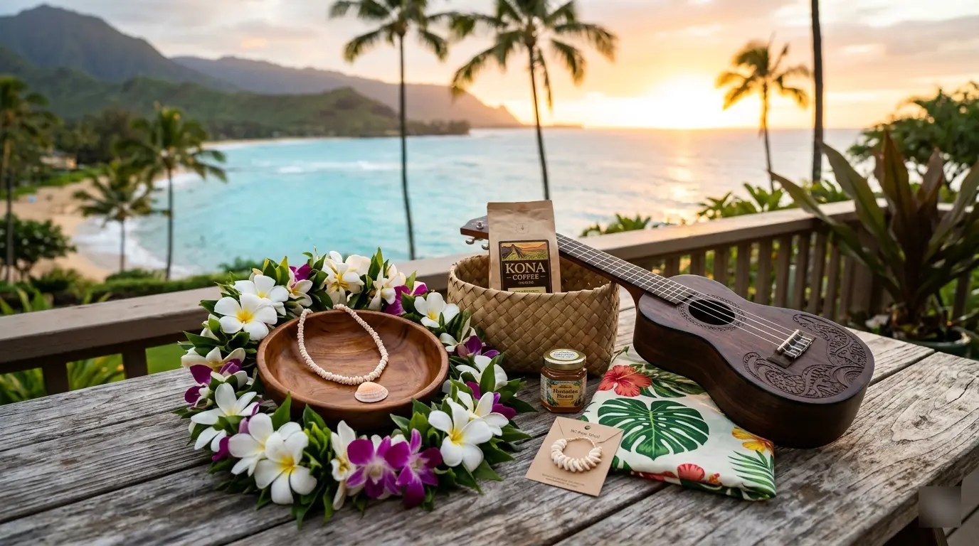 Tropical beach view with a ukulele, lei, wood bowl, coffee, and palm trees at sunset.