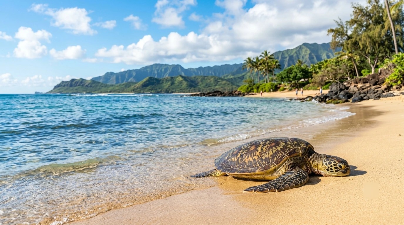Sea turtle on sandy beach with mountains and ocean in the background.