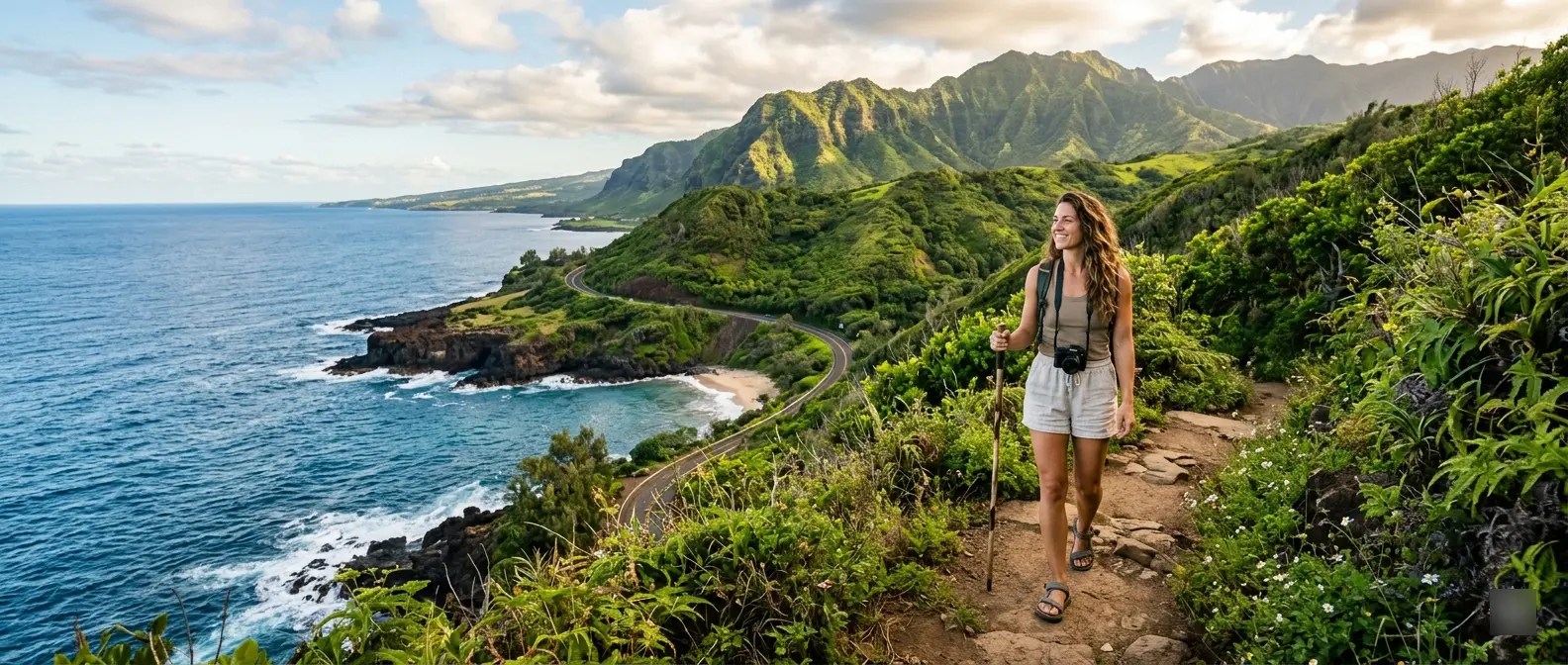 Woman hiking on a coastal trail with ocean and mountains in the background.