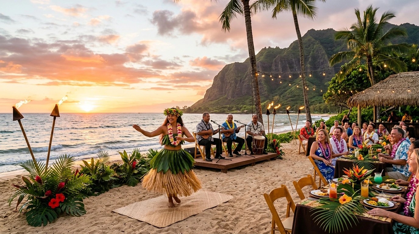Hula dancer performing on beach at sunset, with musicians and audience seated nearby.